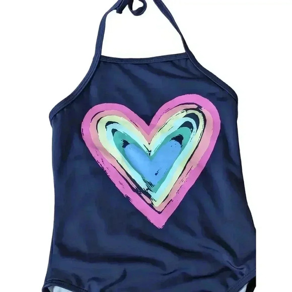 New Gymboree Girls One Piece Navy Blue Rainbow Heart Halter Swimsuit Size S 5-6 - Picture 2 of 7